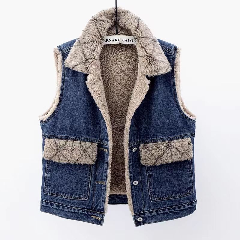 Lamb Wool Denim Cotton-padded Waistcoat Women Lamb Wool Denim Cotton-padded Waistcoat Women