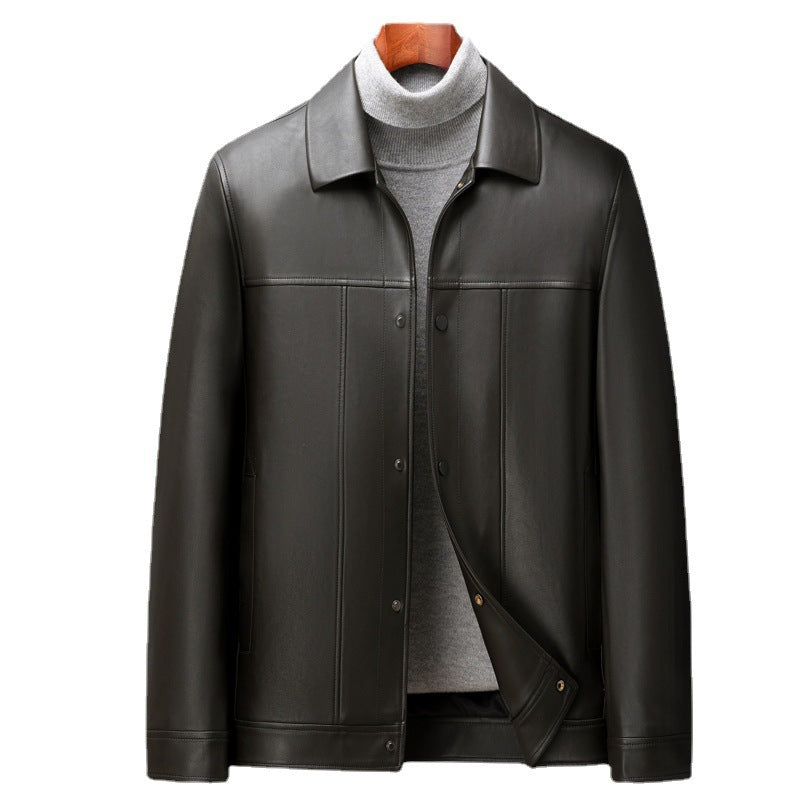 Fashion Polo Collar Thin Multi-color Optional Single-breasted Middle-aged Haining Men's Leather Jackets Fashion Polo Collar Thin Multi-color Optional Single-breasted Middle-aged Haining Men's Leather Jackets