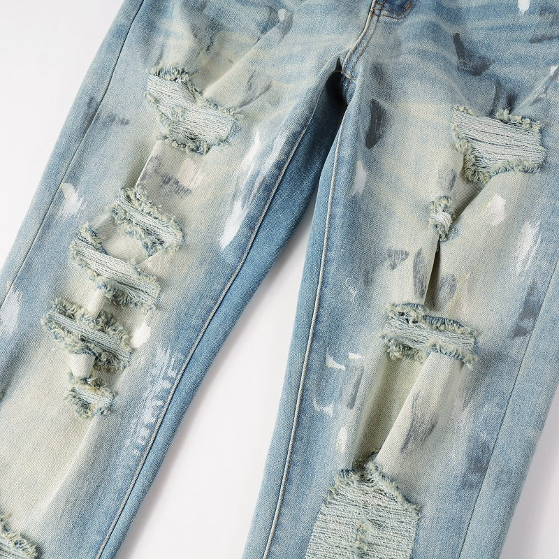Torn Graffiti Old Wash Stretchy Slim Jeans Men Torn Graffiti Old Wash Stretchy Slim Jeans Men
