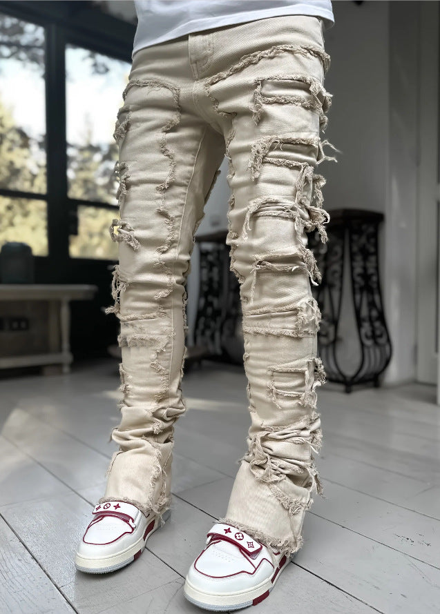 Men Trousers Individual Patched Pants Long Tight Fit Stacked Jeans For Mens Clothing Men Trousers Individual Patched Pants Long Tight Fit Stacked Jeans For Mens Clothing