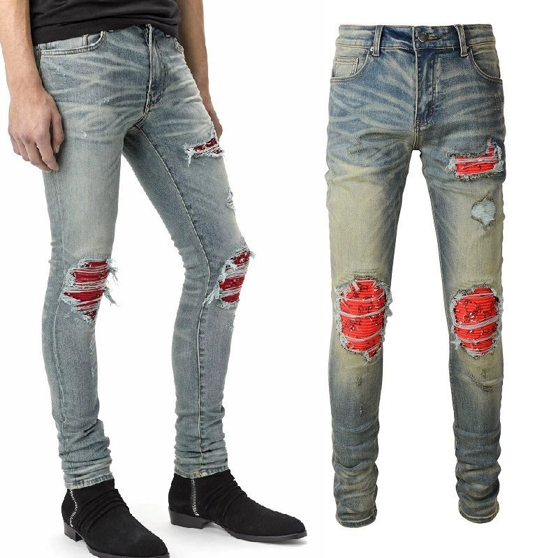 Red Printed Pleated Elastic Light Colored Jeans For Men Red Printed Pleated Elastic Light Colored Jeans For Men