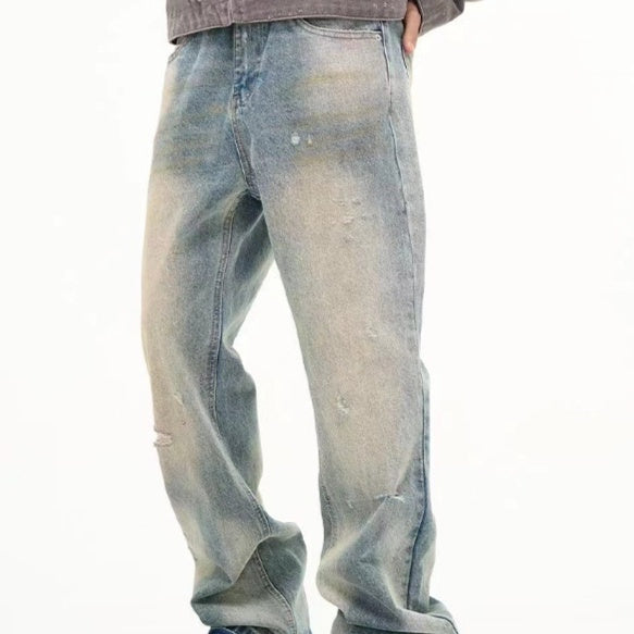 Loose Straight Leisure Washed-out Worn Jeans Men Loose Straight Leisure Washed-out Worn Jeans Men