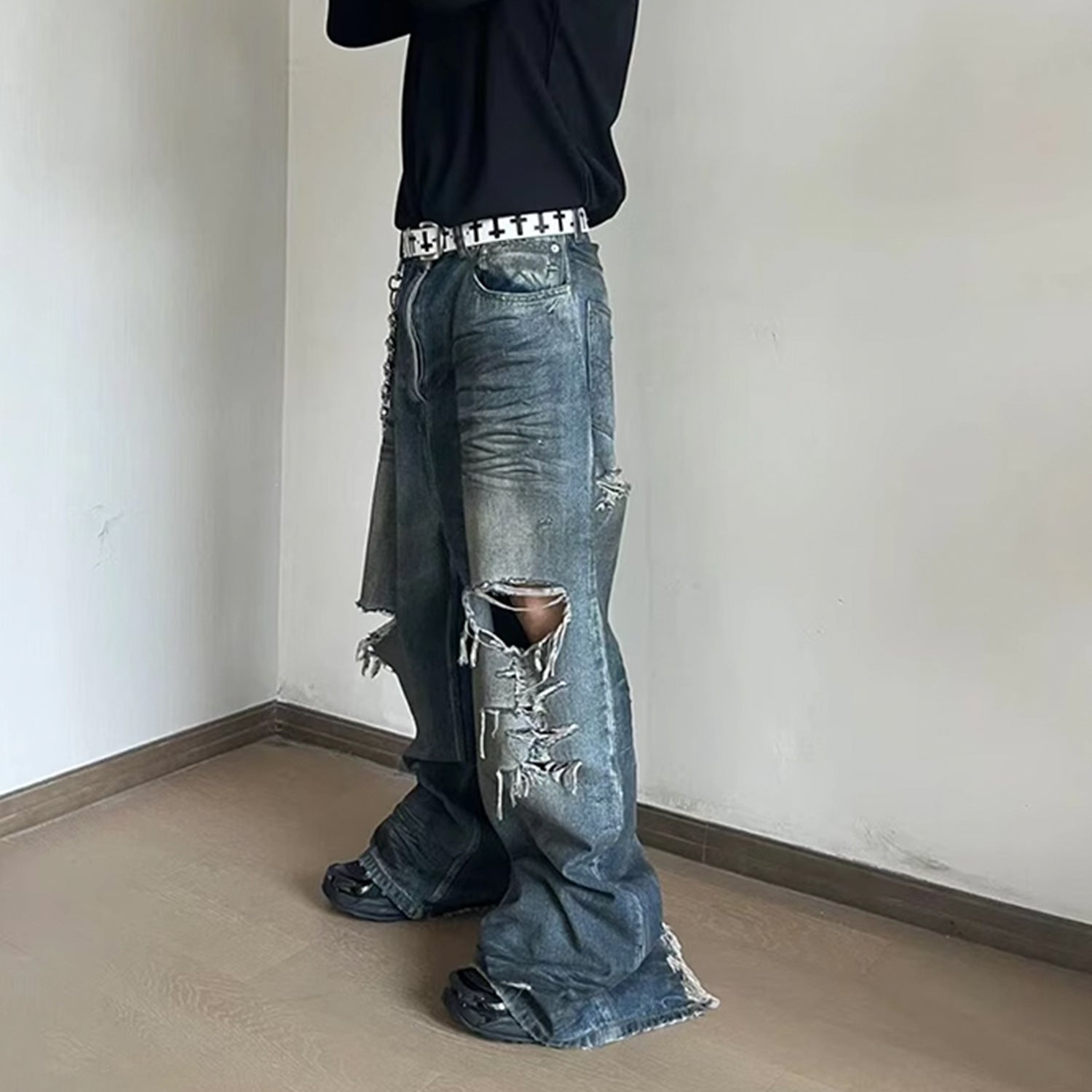 Ripped Big Ripped Men's Retro Washed Distressed Crease Texture Jeans Ripped Big Ripped Men's Retro Washed Distressed Crease Texture Jeans