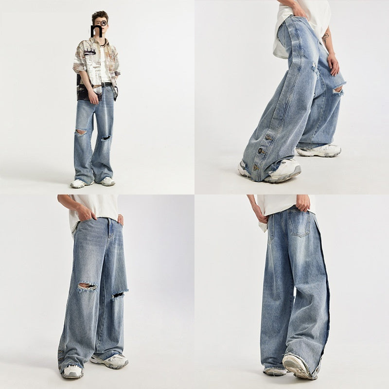 Retro Style Personality Men's Wear Ripped Washed Wide-leg Jeans Retro Style Personality Men's Wear Ripped Washed Wide-leg Jeans