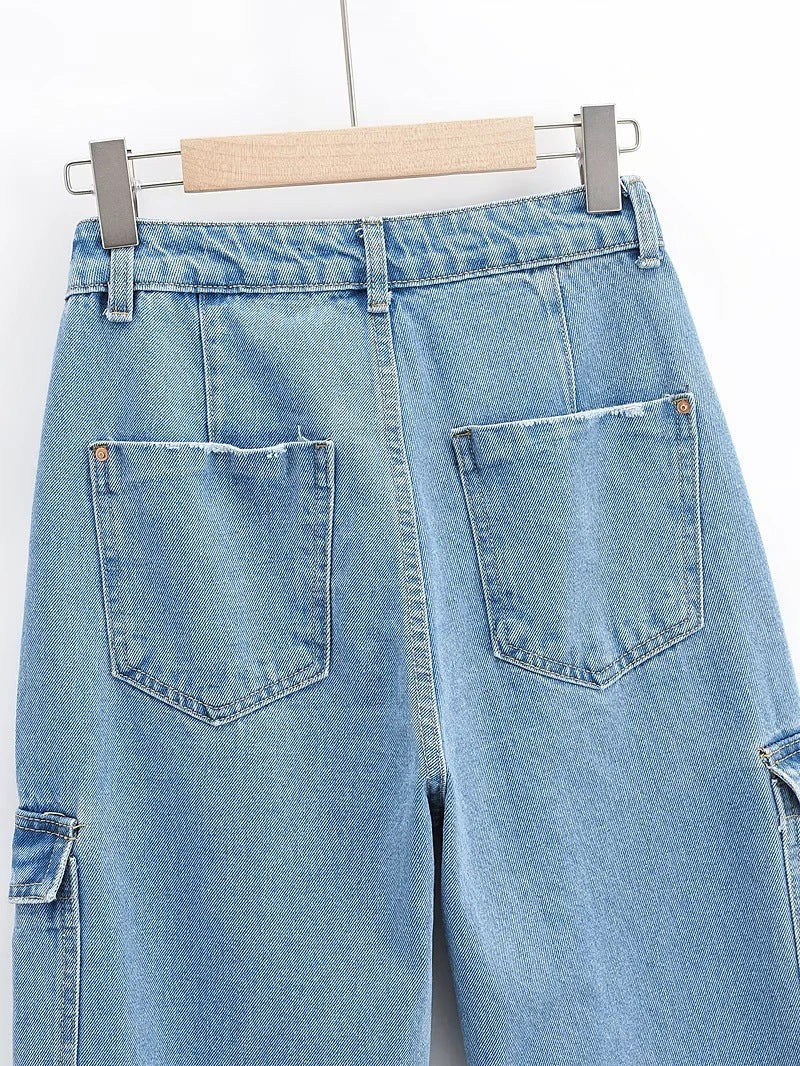 Washed Blue Pocket Decorated High Waist Wide-leg Jeans Women Casual Jeans Washed Blue Pocket Decorated High Waist Wide-leg Jeans Women Casual Jeans