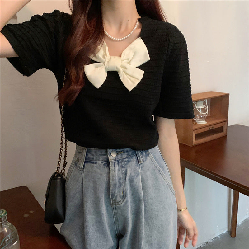 Sweet Turtleneck Round Neck Pearl Accessories Short Sleeve Sweater Bowknot Top Women Sweet Turtleneck Round Neck Pearl Accessories Short Sleeve Sweater Bowknot Top Women