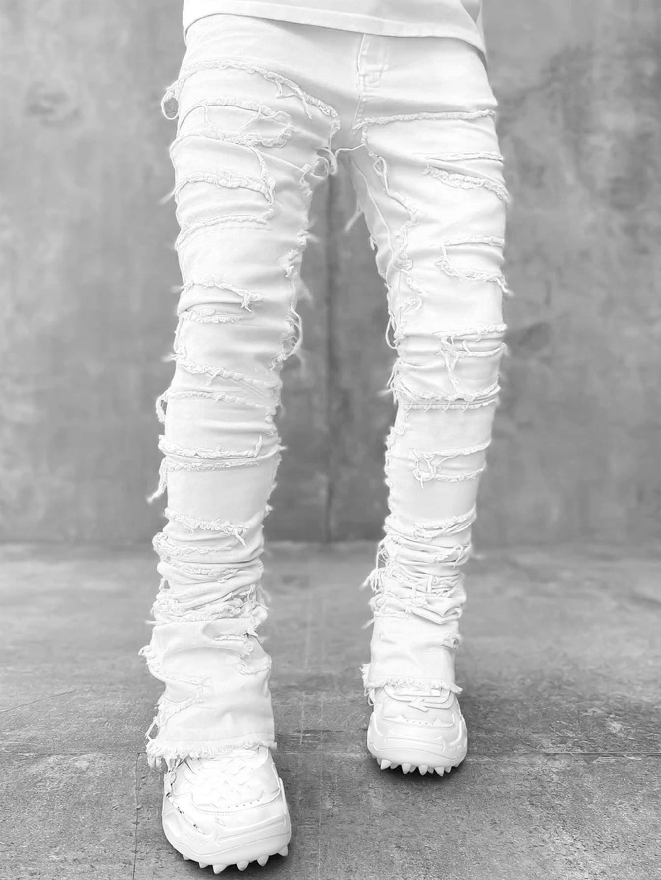 Men Trousers Individual Patched Pants Long Tight Fit Stacked Jeans For Mens Clothing Men Trousers Individual Patched Pants Long Tight Fit Stacked Jeans For Mens Clothing