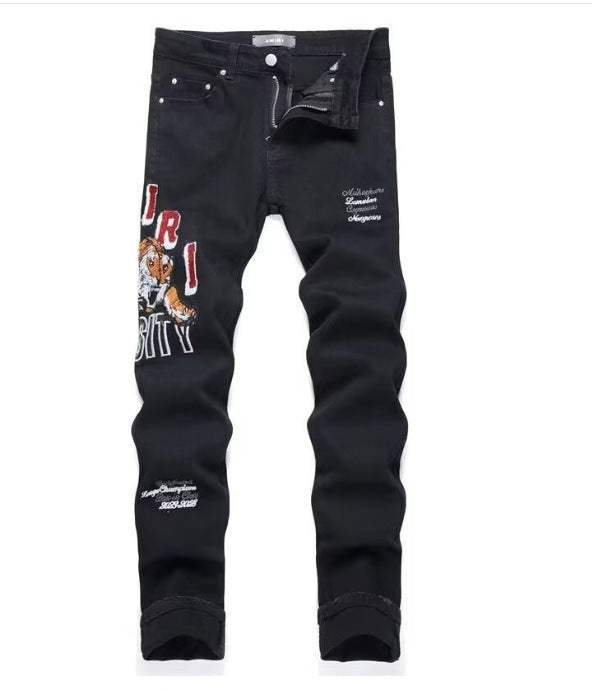 Punk Retro Blue Ripped Slim Elastic Printing Printing And Dyeing Feet Men's Jeans Punk Retro Blue Ripped Slim Elastic Printing Printing And Dyeing Feet Men's Jeans