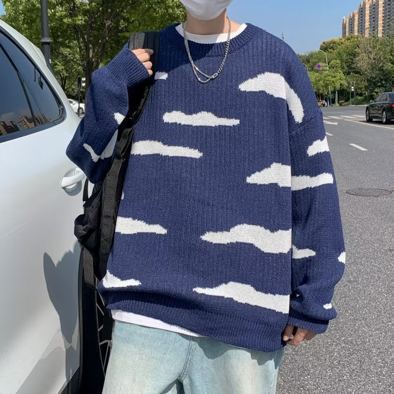 Vintage Blue Sky White Clouds Jacquard Loose-fitting Knitted Sweater Vintage Blue Sky White Clouds Jacquard Loose-fitting Knitted Sweater