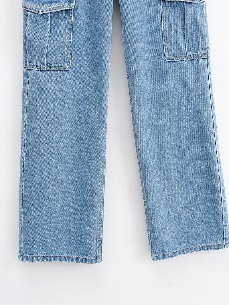 Washed Blue Pocket Decorated High Waist Wide-leg Jeans Women Casual Jeans Washed Blue Pocket Decorated High Waist Wide-leg Jeans Women Casual Jeans