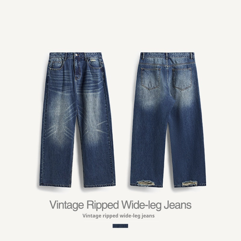 Simple All-matching Straight Men's Clothing Retro Tattered Jeans Wide Leg Jeans Simple All-matching Straight Men's Clothing Retro Tattered Jeans Wide Leg Jeans