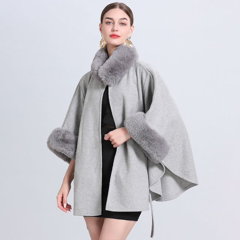 Rabbit Fur Collar Knitted Shawl Cape Lace-up Woolen Coat Rabbit Fur Collar Knitted Shawl Cape Lace-up Woolen Coat