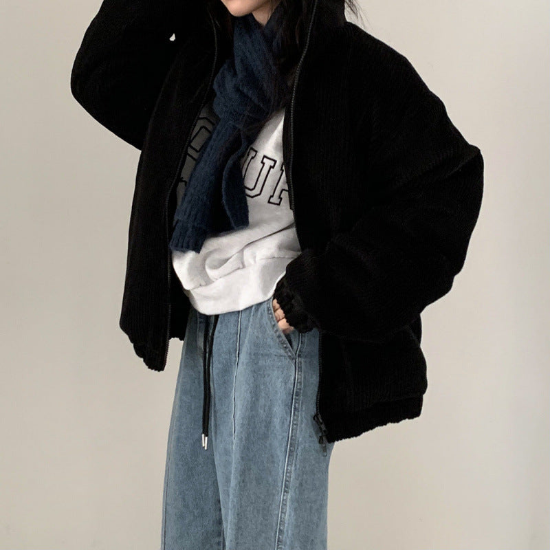 Lapel Sunken Stripe Design Loose Corduroy Cotton-padded Short Coat For Women Lapel Sunken Stripe Design Loose Corduroy Cotton-padded Short Coat For Women