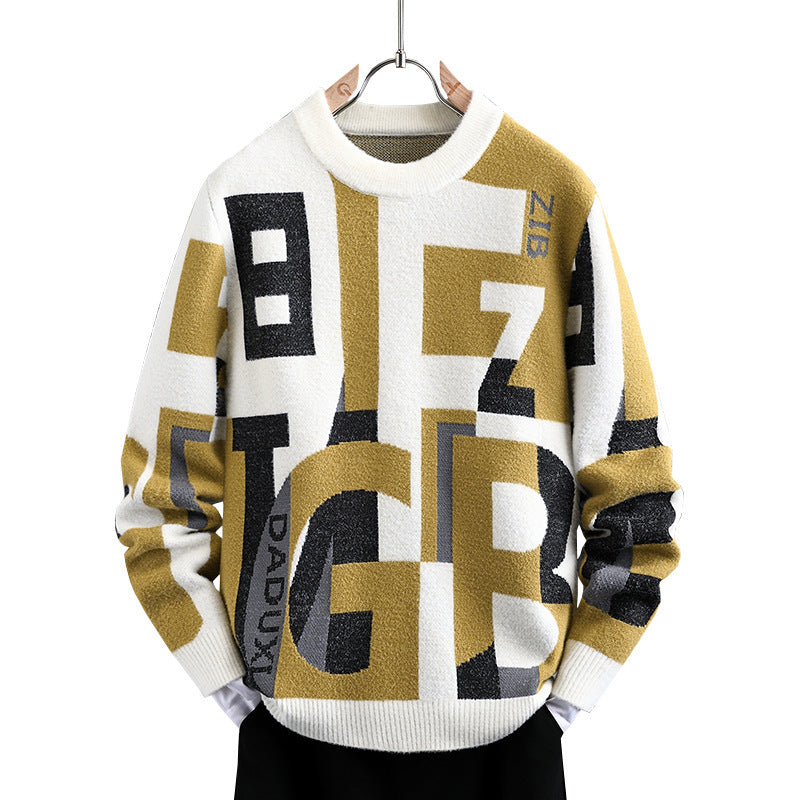 Men's Letter Jacquard Round Neck Loose Casual Sweater Men's Letter Jacquard Round Neck Loose Casual Sweater