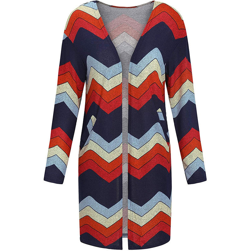 European And American Women's Jackets Striped Print Women's Cardigan Top European And American Women's Jackets Striped Print Women's Cardigan Top