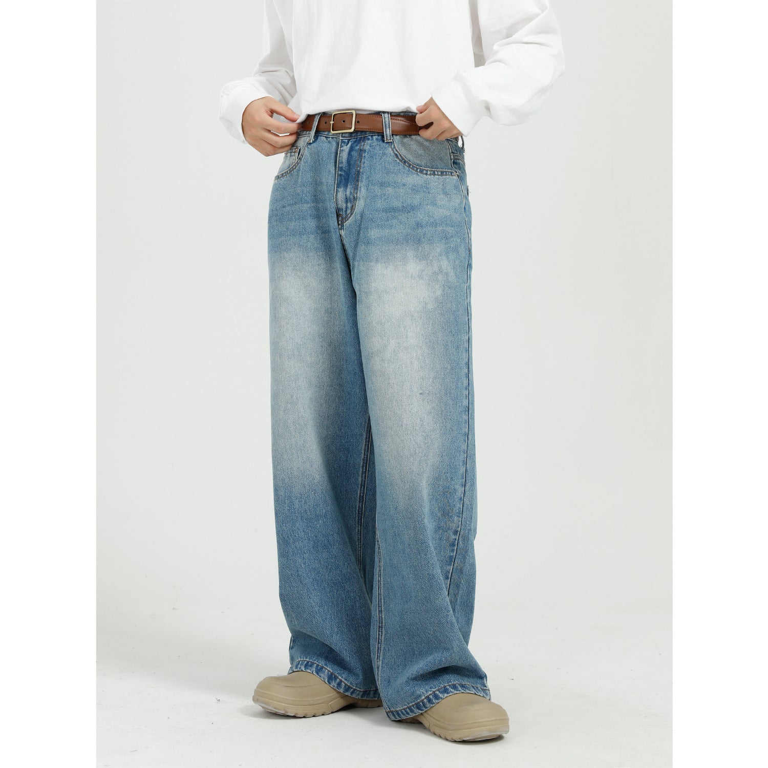 Loose And Versatile Blue Straight Wide Leg Jeans For Men Loose And Versatile Blue Straight Wide Leg Jeans For Men