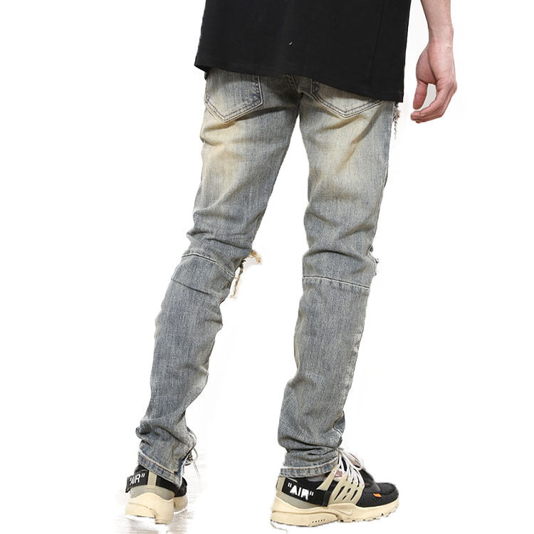 Ripped Washed Elastic Mid-waist Denim Trousers Ripped Washed Elastic Mid-waist Denim Trousers