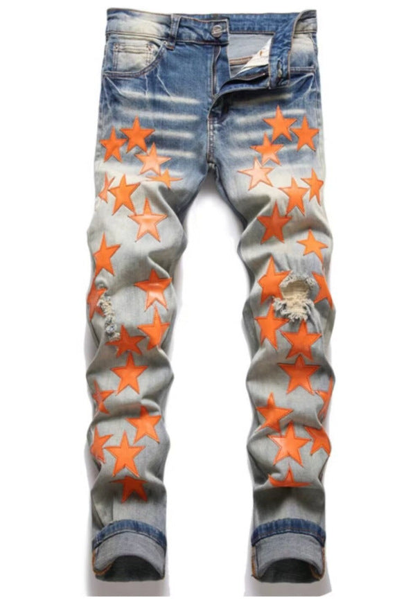 Punk Retro Blue Ripped Slim Elastic Printing Printing And Dyeing Feet Men's Jeans Punk Retro Blue Ripped Slim Elastic Printing Printing And Dyeing Feet Men's Jeans