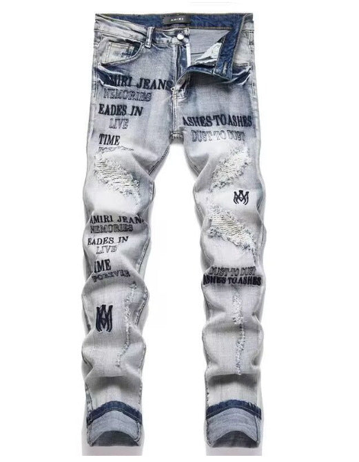 Punk Retro Blue Ripped Slim Elastic Printing Printing And Dyeing Feet Men's Jeans Punk Retro Blue Ripped Slim Elastic Printing Printing And Dyeing Feet Men's Jeans