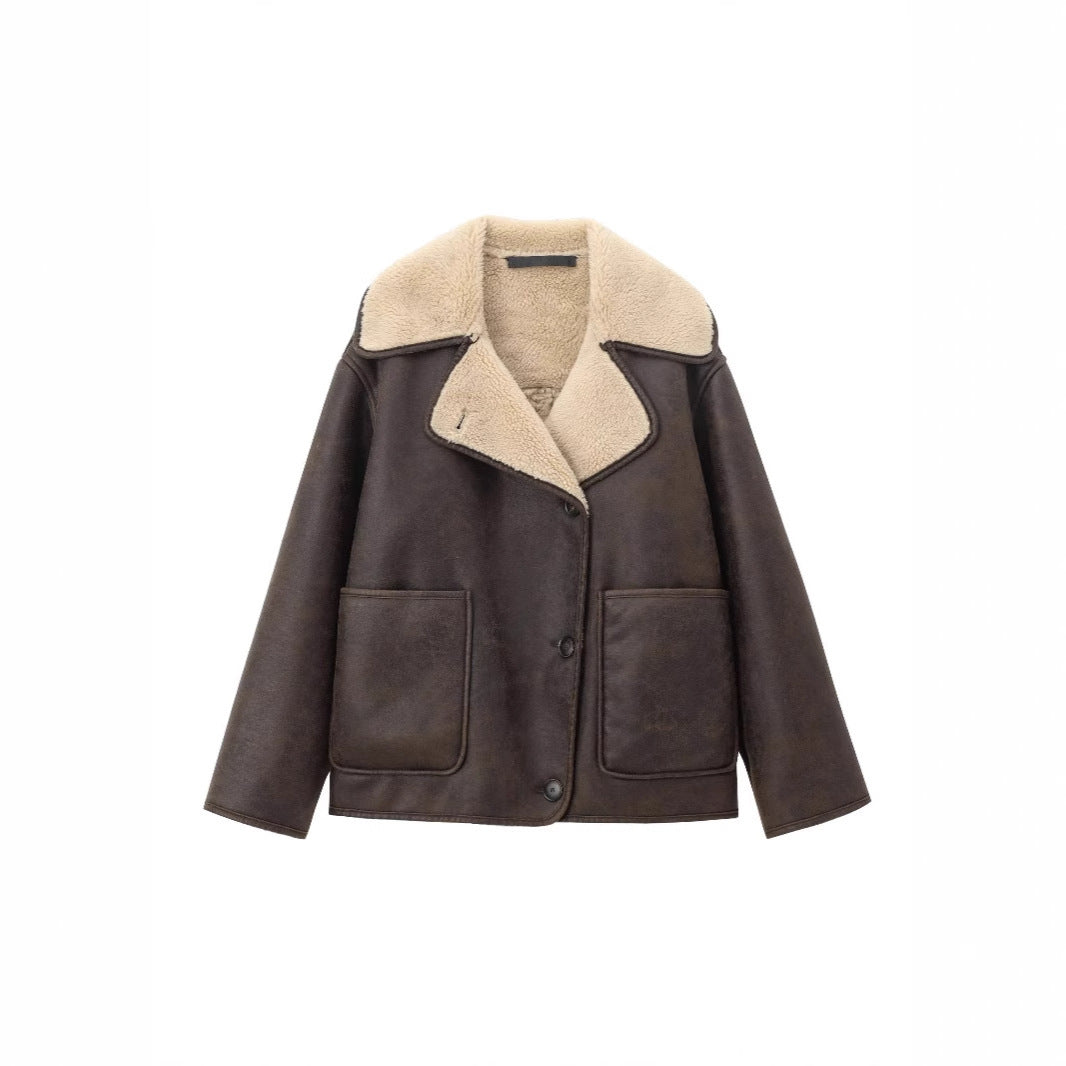 Women's Clothing Retro Lapels Fur Integrated Loose Jacket Women's Clothing Retro Lapels Fur Integrated Loose Jacket