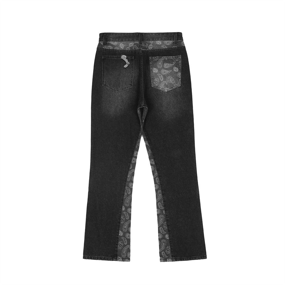 Cashew Flower Patchwork Washed Jeans For Men Cashew Flower Patchwork Washed Jeans For Men