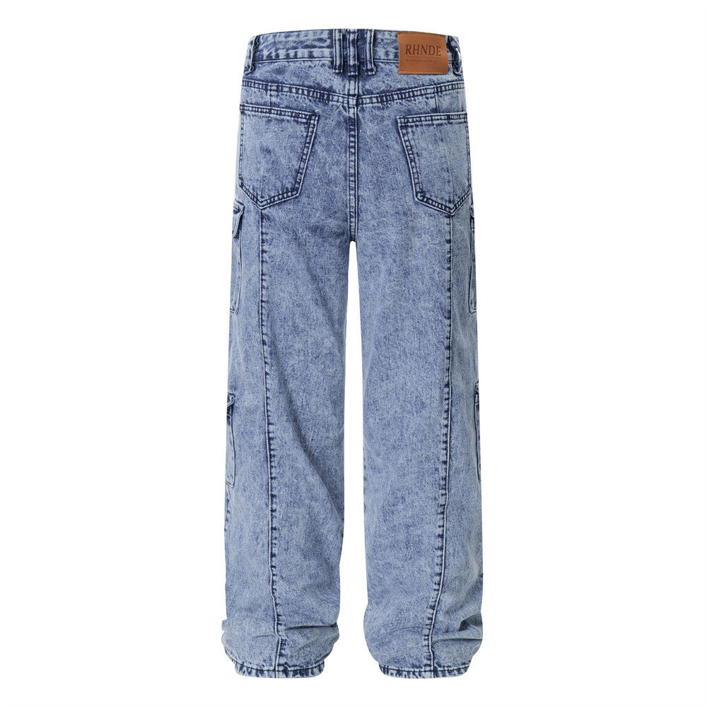 Men's Multi-pocket Functional Worn Looking Washed-out Jeans Men's Multi-pocket Functional Worn Looking Washed-out Jeans