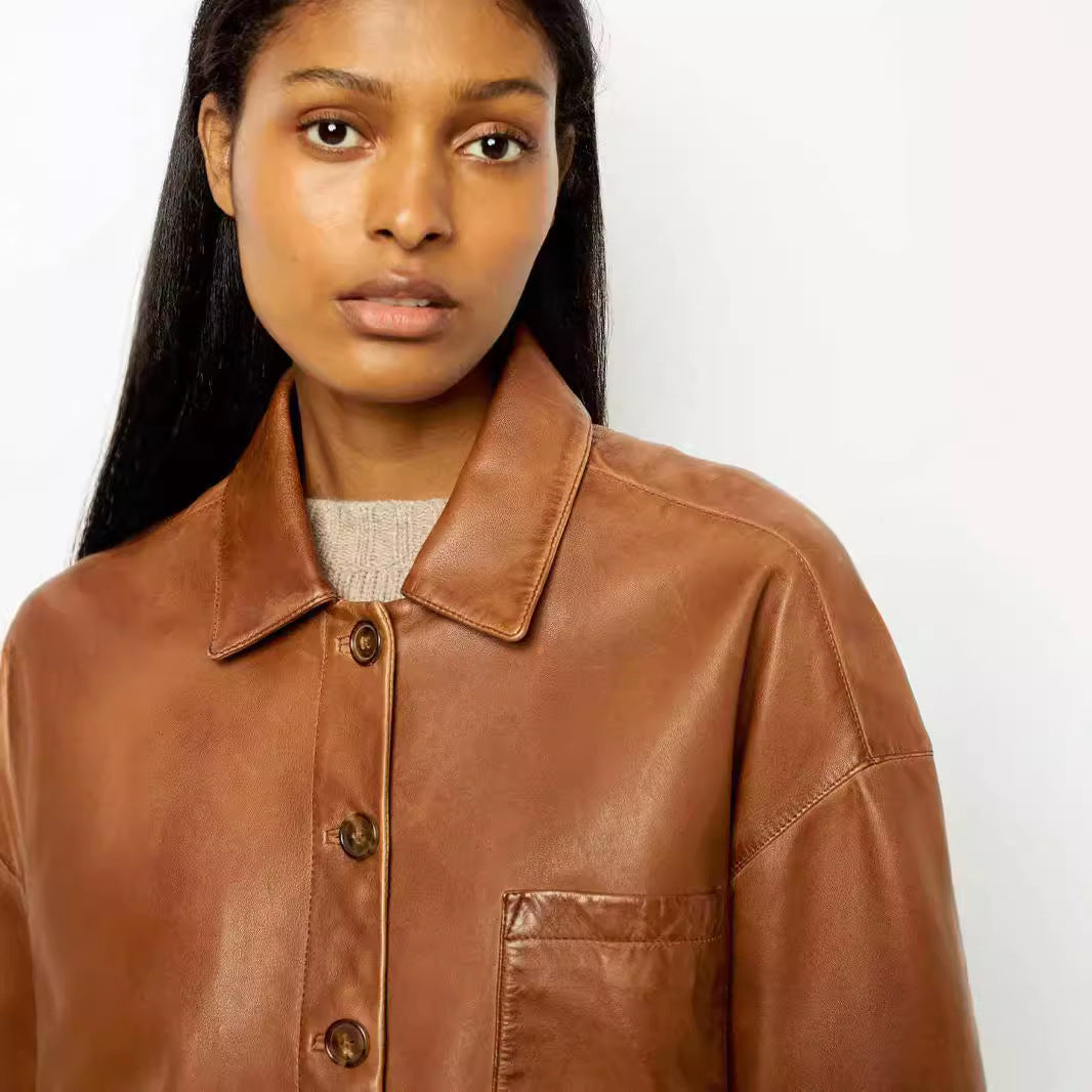 Elegant Brown Profile PU Leather Coat For Women Elegant Brown Profile PU Leather Coat For Women