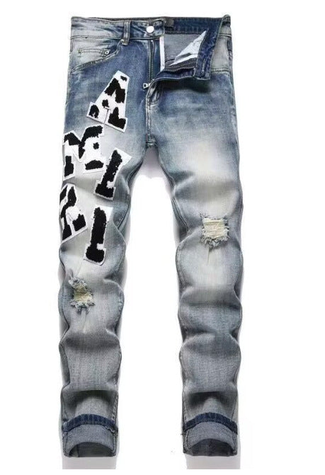 Punk Retro Blue Ripped Slim Elastic Printing Printing And Dyeing Feet Men's Jeans Punk Retro Blue Ripped Slim Elastic Printing Printing And Dyeing Feet Men's Jeans