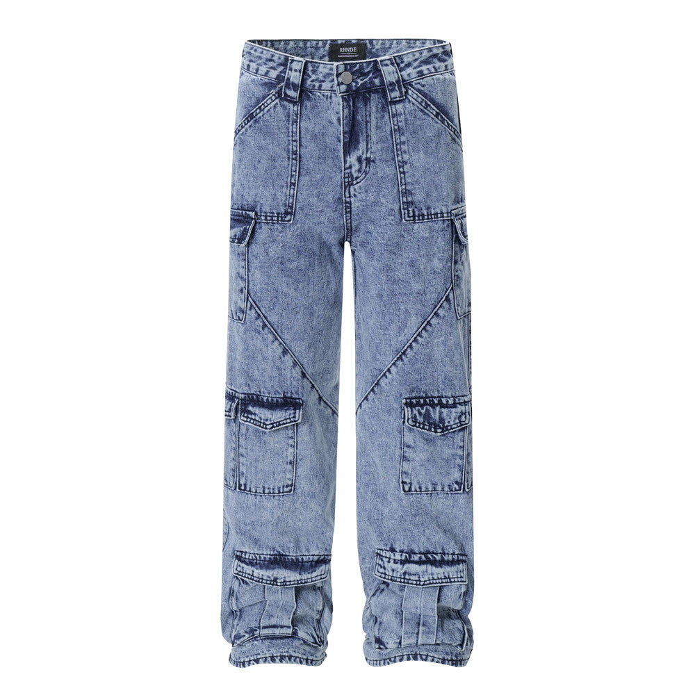 Men's Multi-pocket Functional Worn Looking Washed-out Jeans Men's Multi-pocket Functional Worn Looking Washed-out Jeans