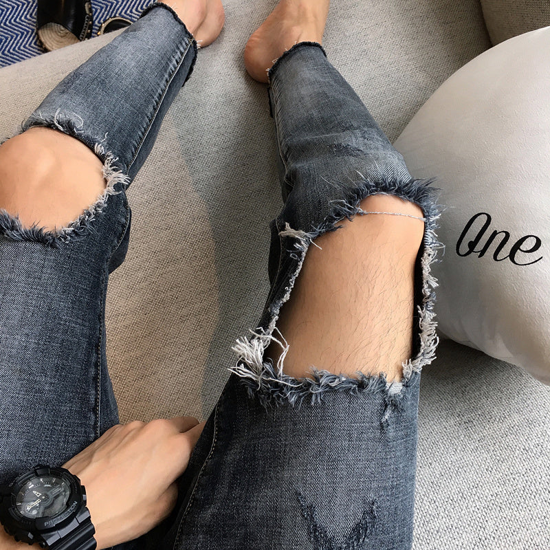 High Street Ripped Knee Jeans Cropped Pants Men High Street Ripped Knee Jeans Cropped Pants Men