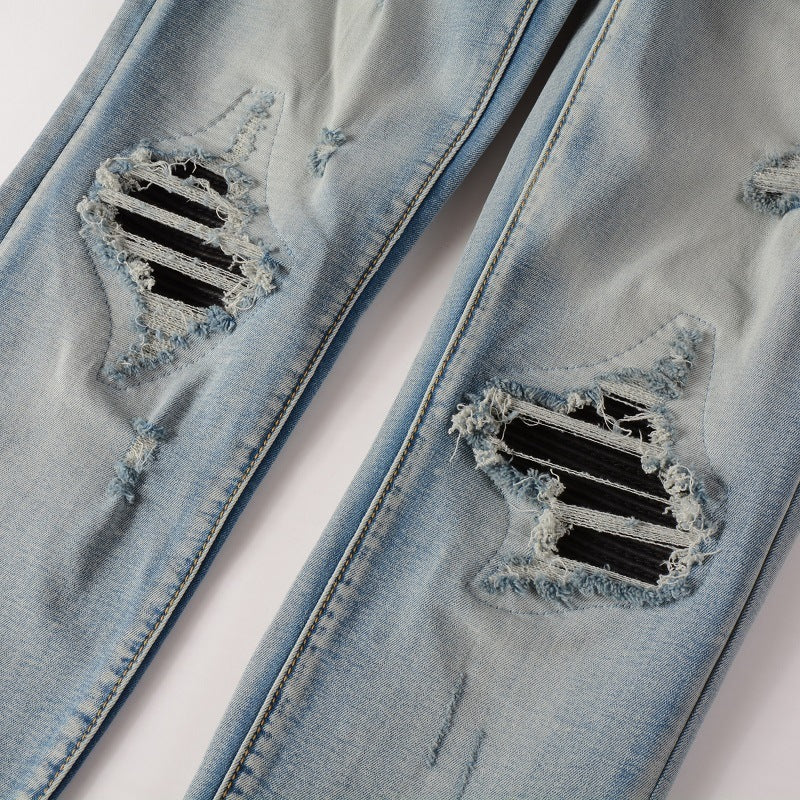 High Street Fashion Brand Light Blue Hole & Patch Stretch Slim Fit Skinny Jeans For Men High Street Fashion Brand Light Blue Hole & Patch Stretch Slim Fit Skinny Jeans For Men