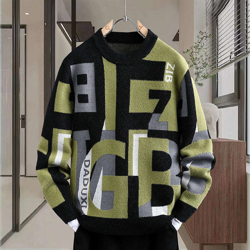 Men's Letter Jacquard Round Neck Loose Casual Sweater Men's Letter Jacquard Round Neck Loose Casual Sweater