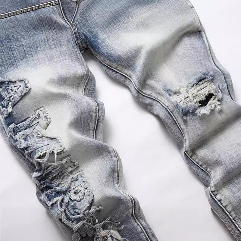 Men's Hole Patch Blue Small Feet Jeans Men's Hole Patch Blue Small Feet Jeans