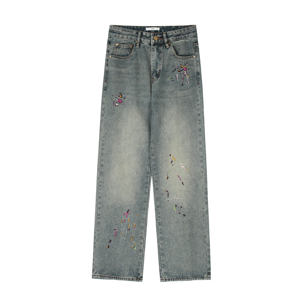 Splashed Ink Printing Straight Jeans For Men Splashed Ink Printing Straight Jeans For Men
