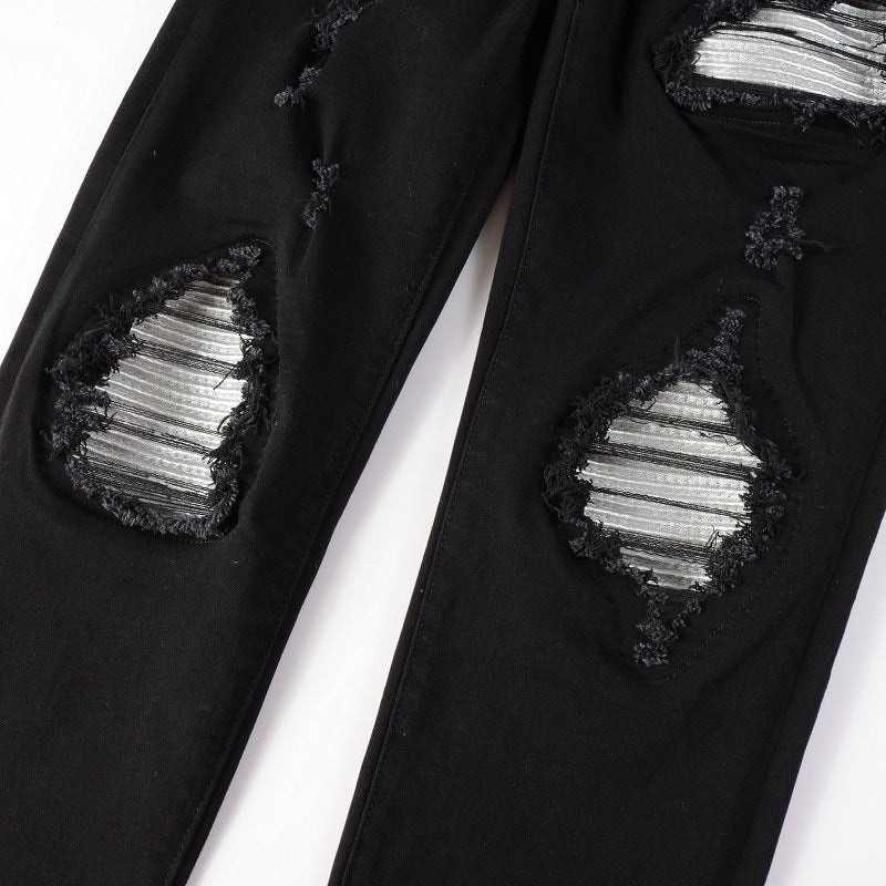 European And American Men's Slim-fit Ripped Silver Patch Jeans European And American Men's Slim-fit Ripped Silver Patch Jeans