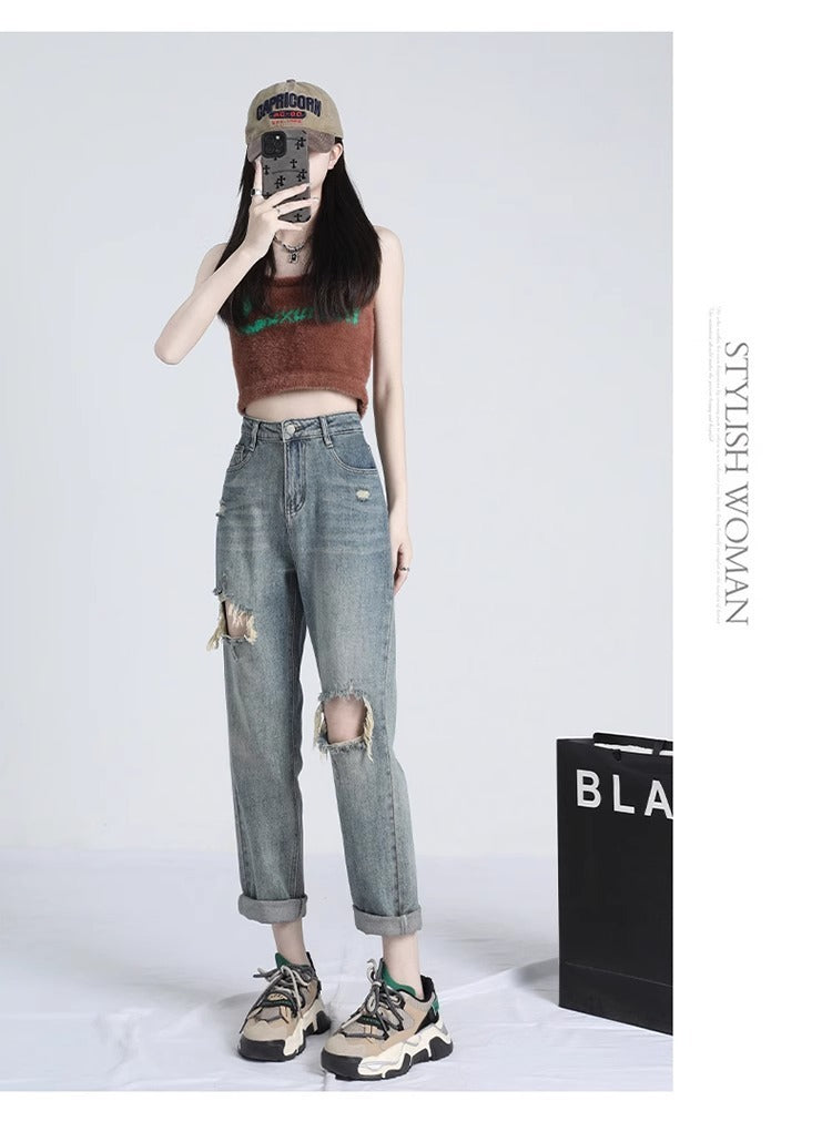 Ripped Daddy Jeans For Women Spring And Autumn 2024 New High Waist Loose Small Ripped Daddy Jeans For Women Spring And Autumn 2024 New High Waist Loose Small