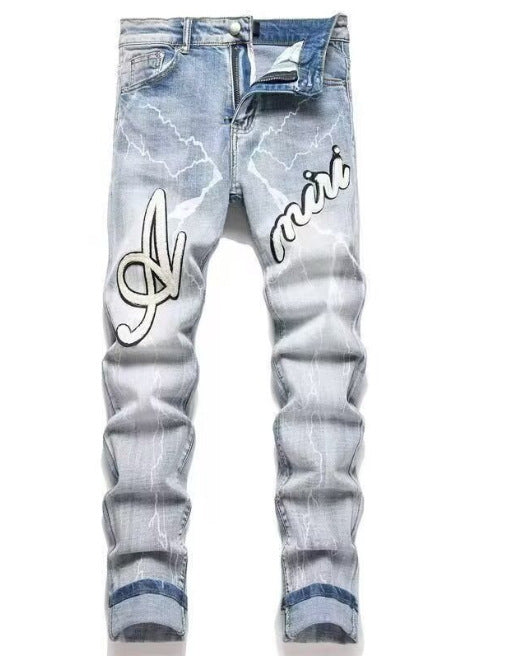 Punk Retro Blue Ripped Slim Elastic Printing Printing And Dyeing Feet Men's Jeans Punk Retro Blue Ripped Slim Elastic Printing Printing And Dyeing Feet Men's Jeans