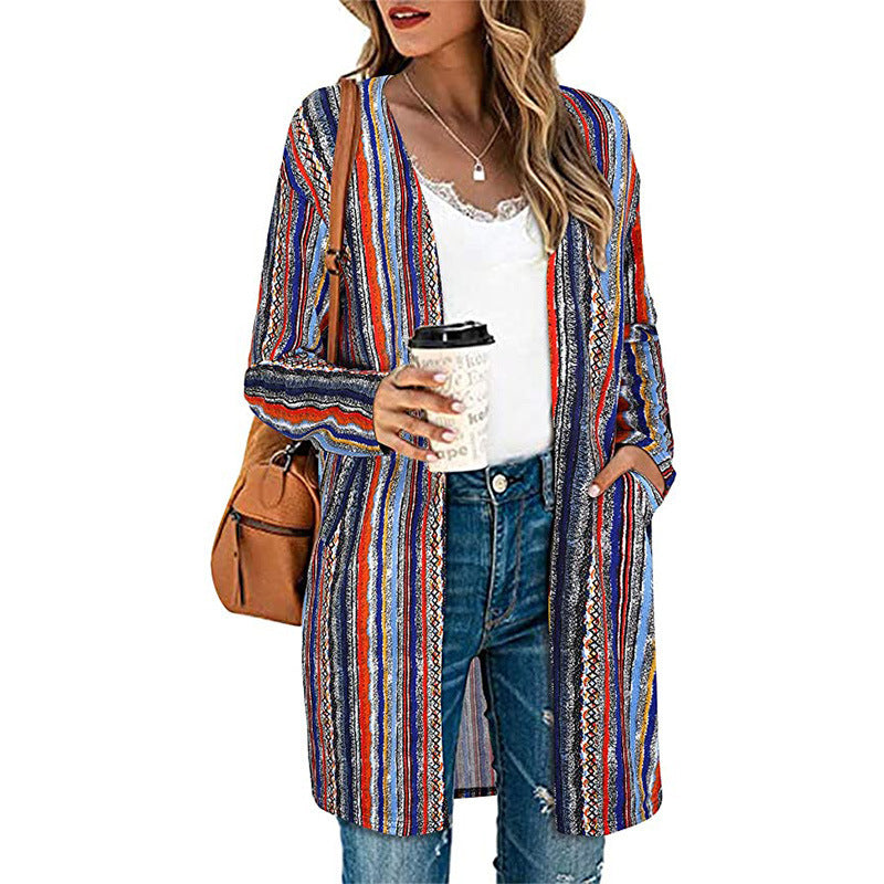European And American Women's Jackets Striped Print Women's Cardigan Top European And American Women's Jackets Striped Print Women's Cardigan Top