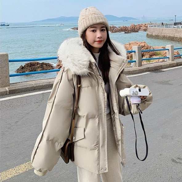 Women's Hooded Solid Color Casual Big Fur Collar Cotton Jacket Women's Hooded Solid Color Casual Big Fur Collar Cotton Jacket