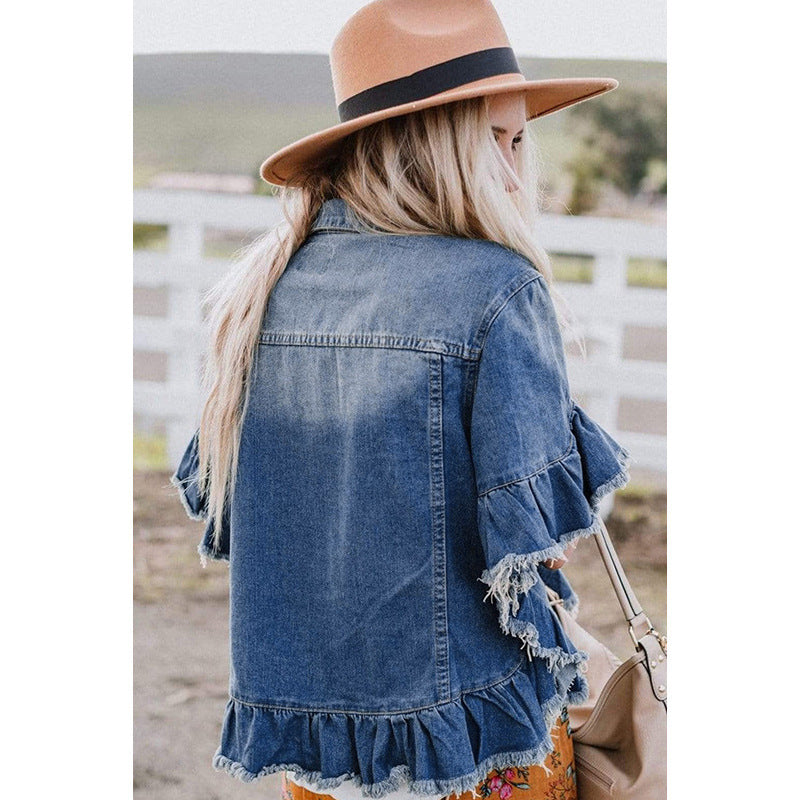 Ruffled Short Sleeves Tops For Women Loose Denim Jacket Ruffled Short Sleeves Tops For Women Loose Denim Jacket