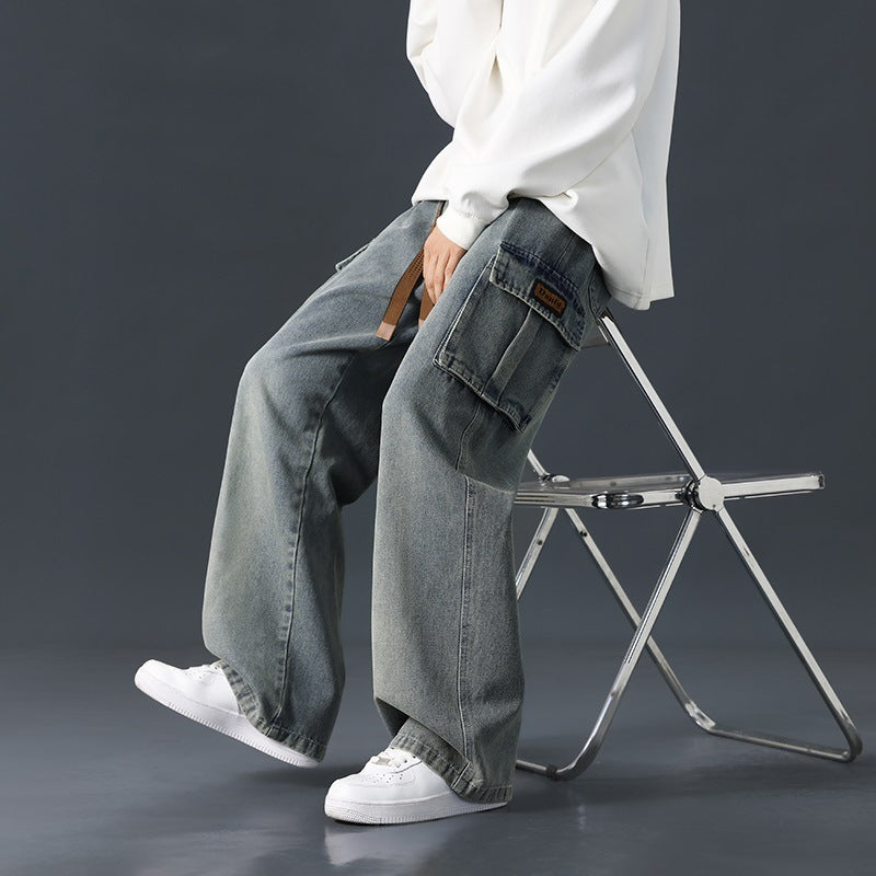 Loose Straight Wide-leg Pants Draping Gradient Washed Jeans For Men Loose Straight Wide-leg Pants Draping Gradient Washed Jeans For Men