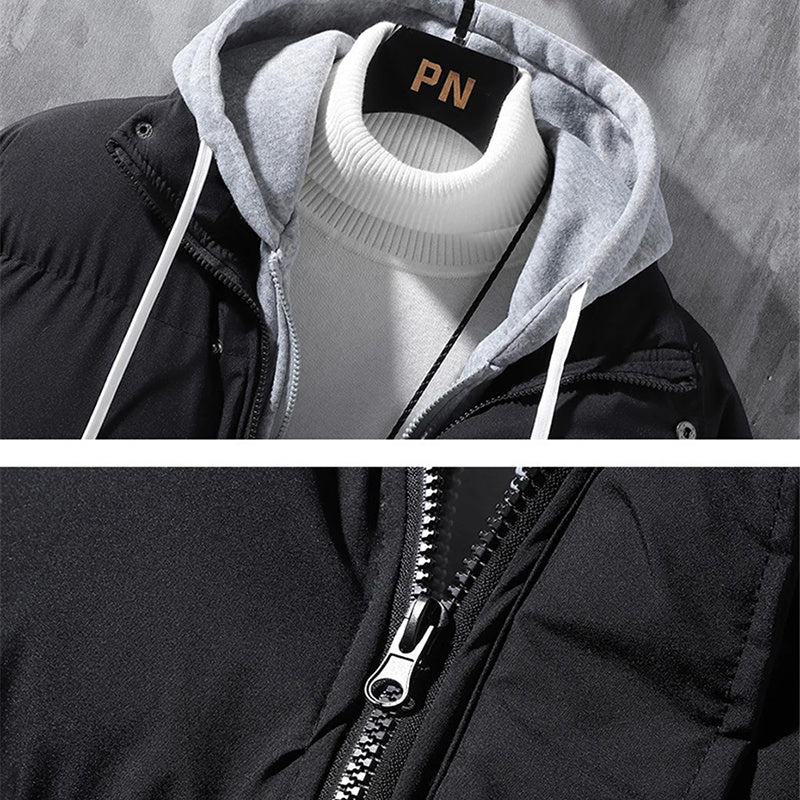 Fashion Hooded Jacket Men Winter Windproof Thickened Fake Two-piece Coat Solid Leisure Sports Cotton Jacket Fashion Hooded Jacket Men Winter Windproof Thickened Fake Two-piece Coat Solid Leisure Sports Cotton Jacket