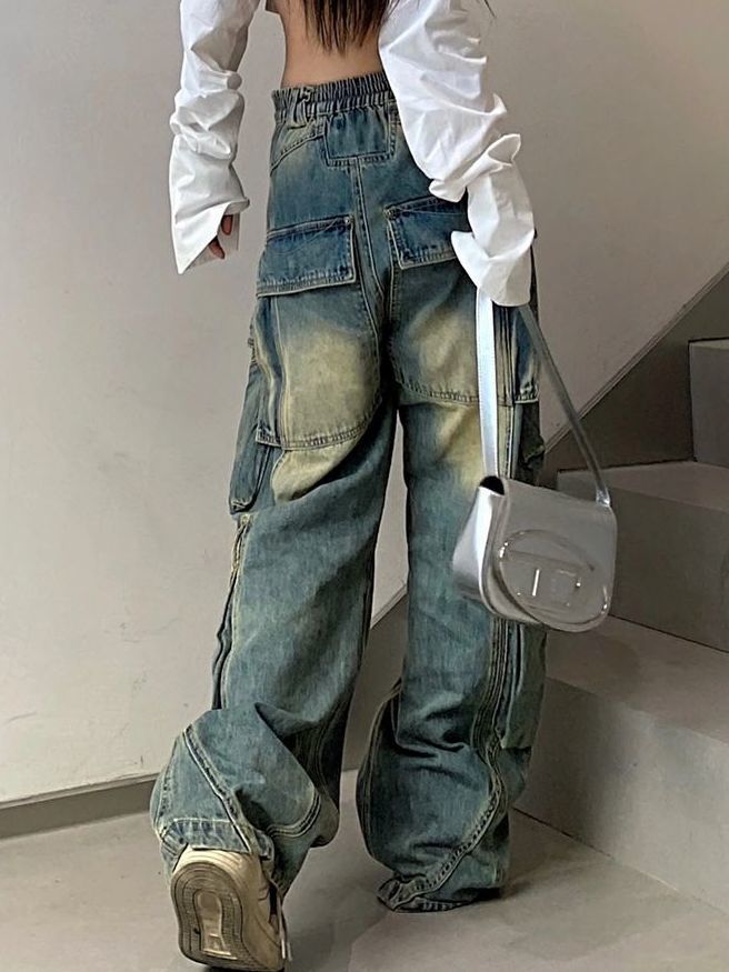 American Plus Size Worn Looking Washed-out Cargo Jeans Women American Plus Size Worn Looking Washed-out Cargo Jeans Women