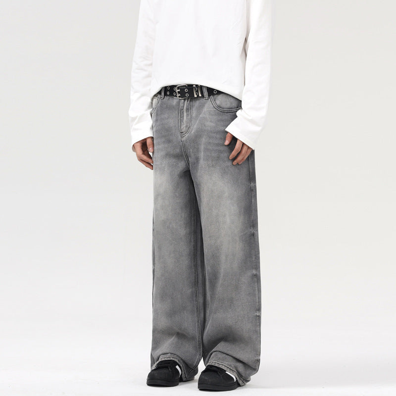 Retro Washed Smoky Gray Jeans Men And Women Loose Retro Washed Smoky Gray Jeans Men And Women Loose