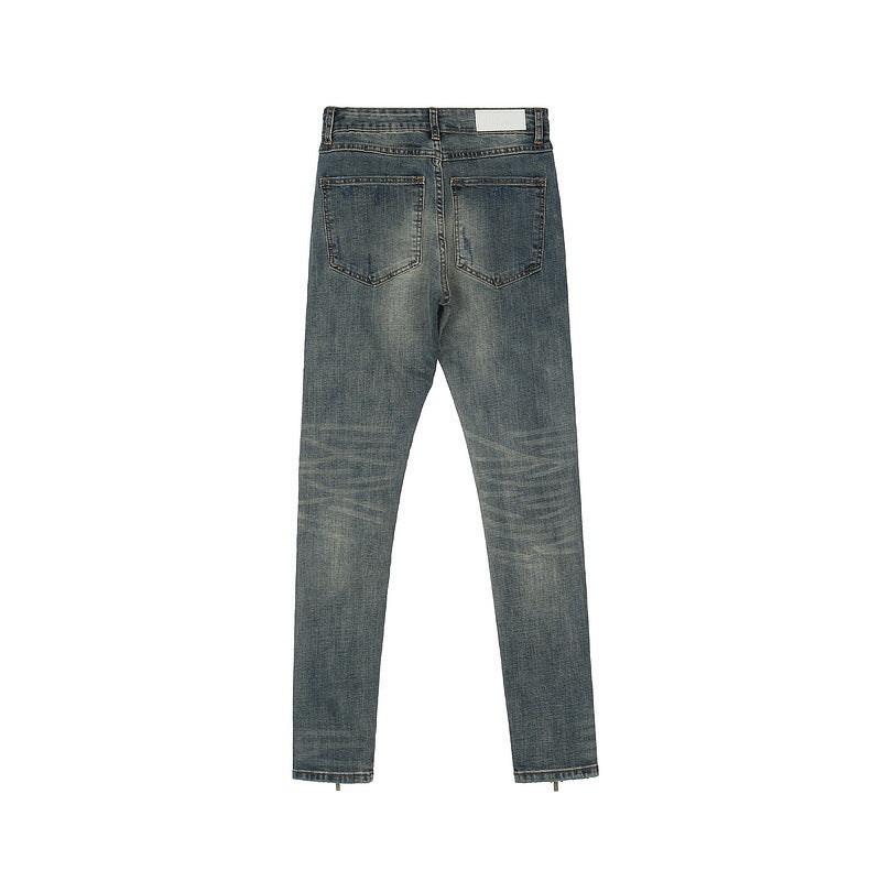 Distressed Slim-fit Jeans With Zipper Straight Pants Distressed Slim-fit Jeans With Zipper Straight Pants