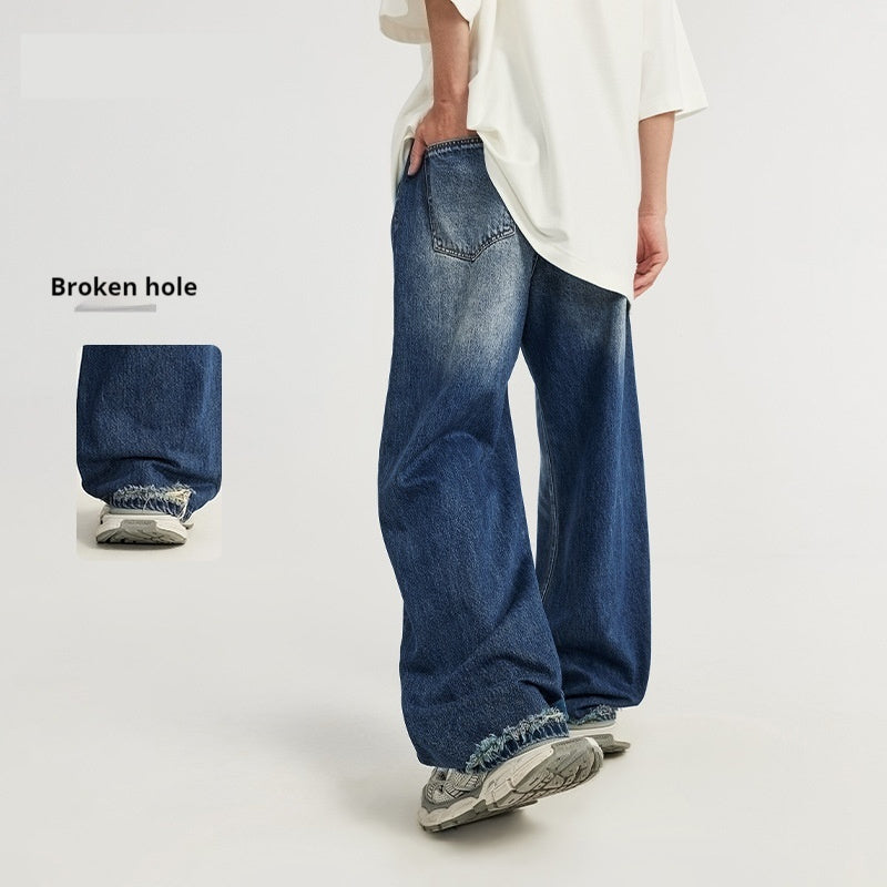 Simple All-matching Straight Men's Clothing Retro Tattered Jeans Wide Leg Jeans Simple All-matching Straight Men's Clothing Retro Tattered Jeans Wide Leg Jeans
