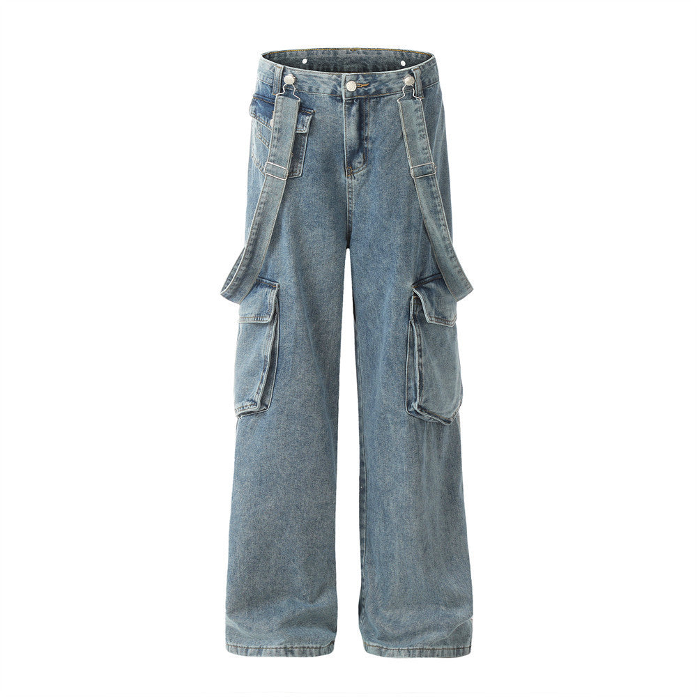 Ribbon Design Multi-pocket Workwear Denim Trousers Men Ribbon Design Multi-pocket Workwear Denim Trousers Men