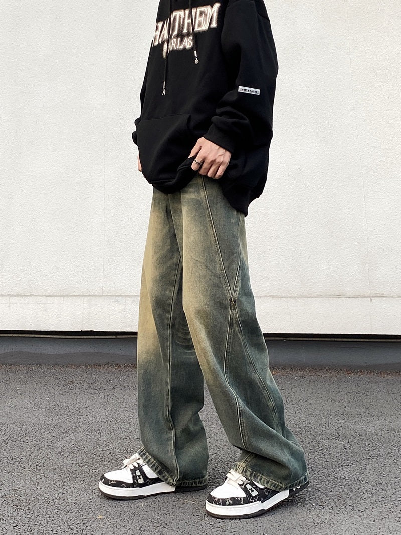 High Street American Retro Washed Distressed Yellow Mud Jeans Men High Street American Retro Washed Distressed Yellow Mud Jeans Men