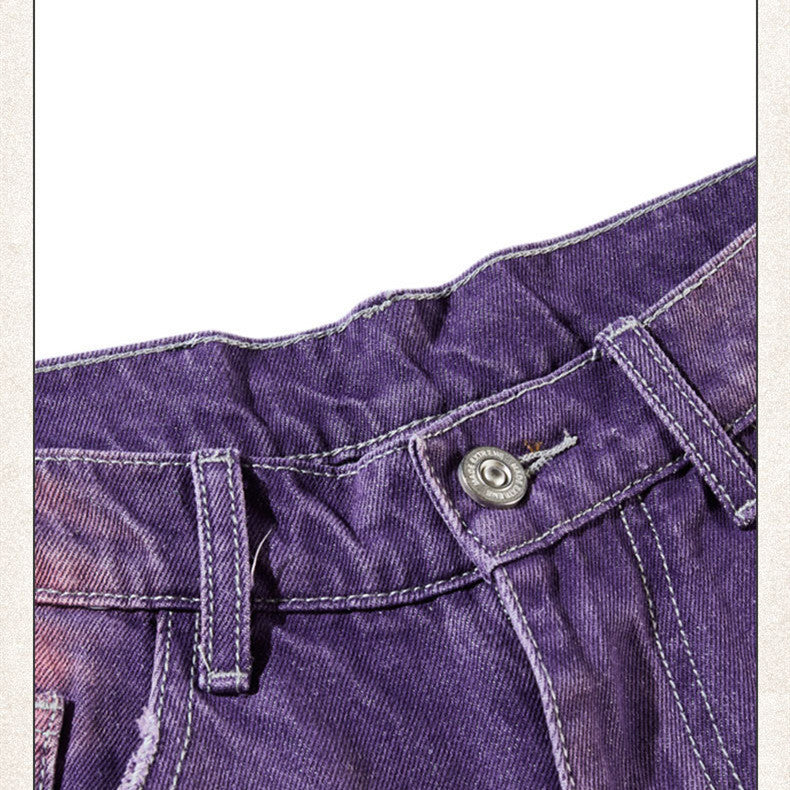 Street Washed Distressed Leg White Purple Color Jeans For Men And Women Street Washed Distressed Leg White Purple Color Jeans For Men And Women