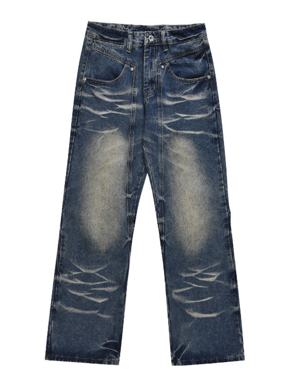 Retro Washed Dark Blue Jeans For Men Retro Washed Dark Blue Jeans For Men